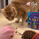 Cat sniffing cat food on a wooden floor with Digby pet food packaging in the background.