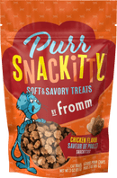 Packaging of Puri Snackitty soft and savory treats by Fromm with a cartoon cat character on an orange background.