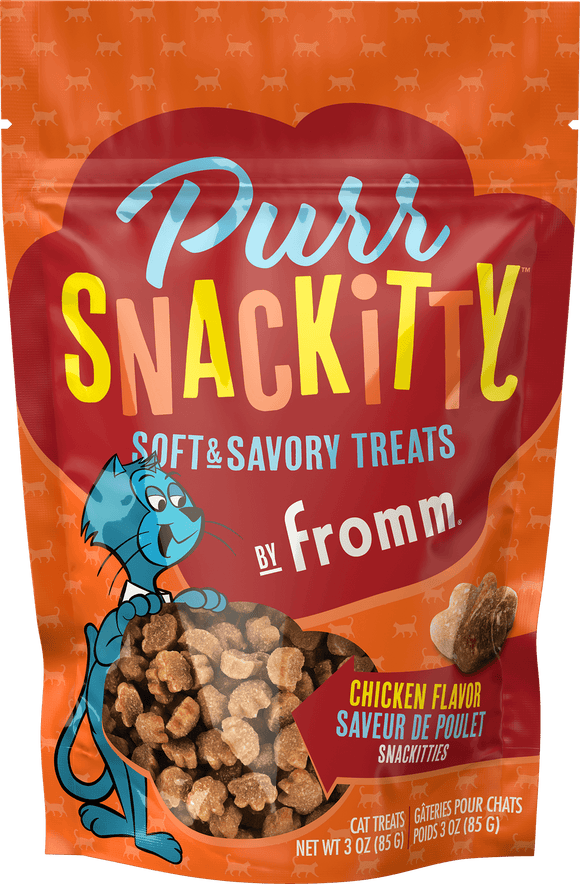 Packaging of Puri Snackitty soft and savory treats by Fromm with a cartoon cat character on an orange background.