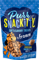 Purina Snackitty soft and savory treats packaging with blue background and cat illustration.