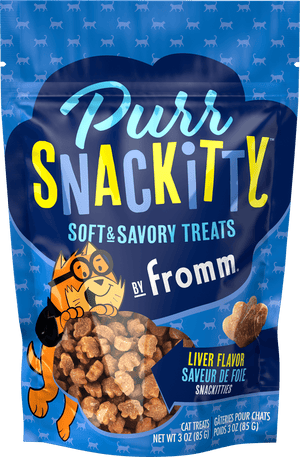 Purina Snackitty soft and savory treats packaging with blue background and cat illustration.