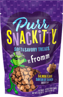 Puri Snackitty soft and savory treats packaging by Fromm on a purple background with cat illustrations.