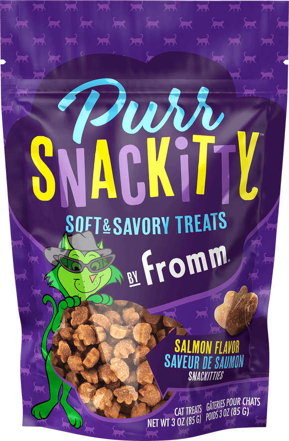Puri Snackitty soft and savory treats packaging by Fromm on a purple background with cat illustrations.