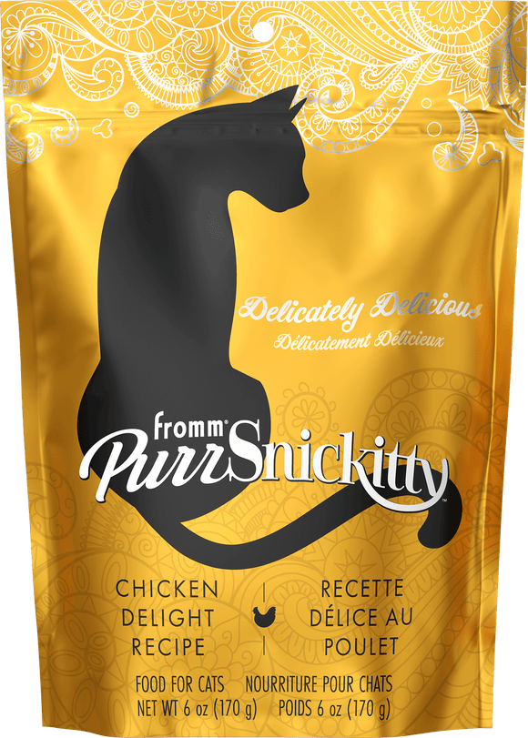 Cat food package with yellow background and black cat silhouette, featuring the brand 'PurrSnickitty'.