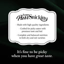 PurrSnickitty product label on a black background with white text.