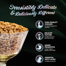 Dog food packaging with text highlighting features on a dark background