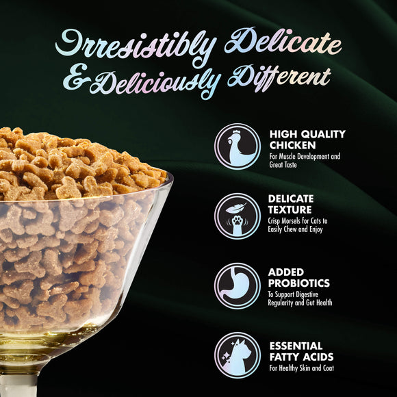 Dog food packaging with text highlighting features on a dark background
