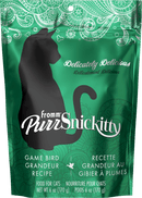 Green packaging of PurrSnickitty cat food with a black silhouette of a cat.