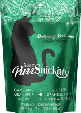 Green packaging of PurrSnickitty cat food with a black silhouette of a cat.