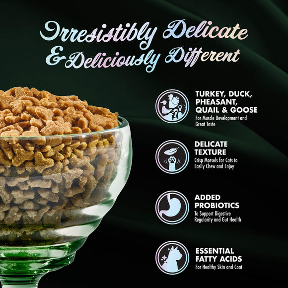 Dog food in a glass bowl with text highlighting features on a black background