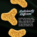 Three cat treats on a black background with promotional text about the treats' unique cooking process.