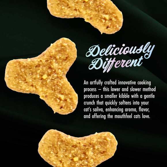 Three cat treats on a black background with promotional text about the treats' unique cooking process.
