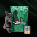 Green bag of PurrSnickitty cat food with a gray cat and two cans on a black background