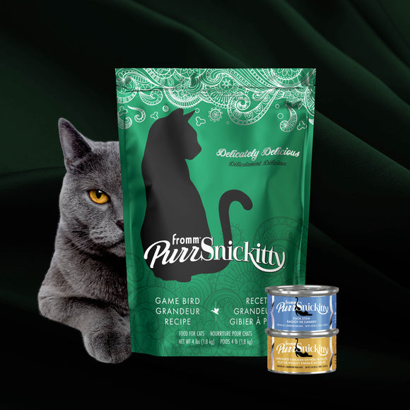 Green bag of PurrSnickitty cat food with a gray cat and two cans on a black background