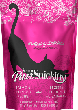 Pink package of PurrrSnickity cat food with a black cat silhouette on a pink background