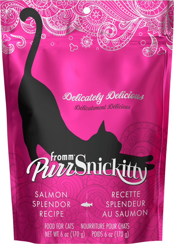 Pink package of PurrrSnickity cat food with a black cat silhouette on a pink background
