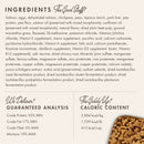 Dog food ingredient list and nutritional information on a white background