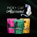 Three cat food packages from PurrSnickity with 'Picky Cat Approved' text and logo on a dark background.