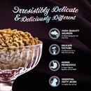 Dog food in a bowl with text highlighting features on a dark background