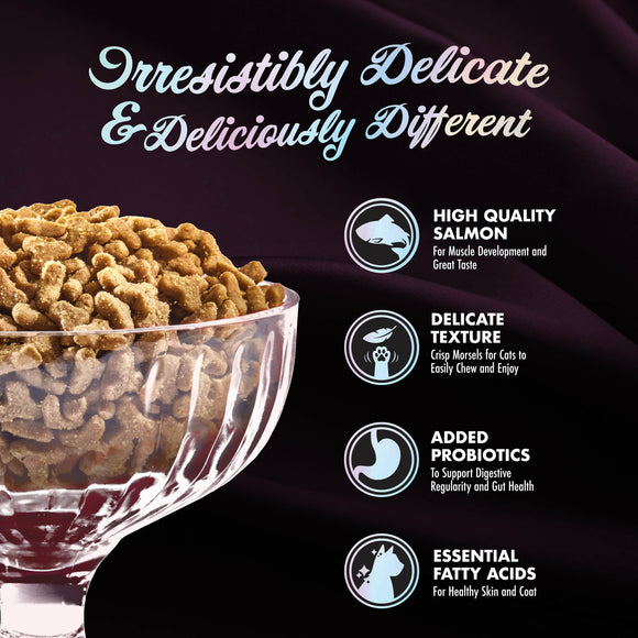 Dog food in a bowl with text highlighting features on a dark background