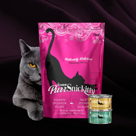 Pink package of PurrSnickitty cat food with a gray cat and two cans on a dark background