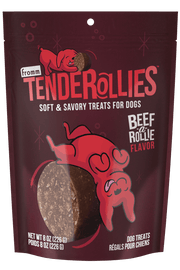 Tenderollies dog treats packaging with a red and brown design on a white background
