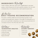 Dog treat label with ingredients, feeding recommendation, guaranteed analysis, and caloric content.