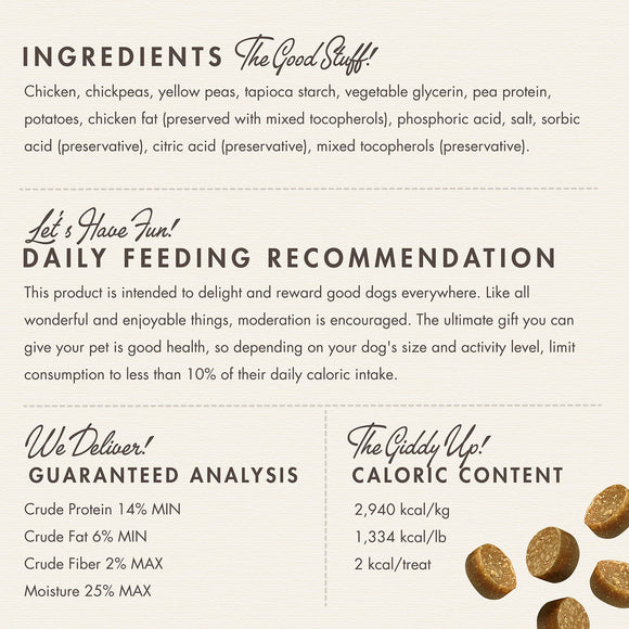Dog treat label with ingredients, feeding recommendation, guaranteed analysis, and caloric content.