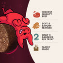Dog treat packaging with cartoon dog and product features on a red and white background