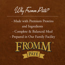 Advertisement for Fromm Páté on a brown background with text about the product.