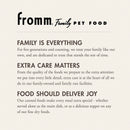 Fromm Family Pet Food advertisement with brand name and mission statement on a beige background