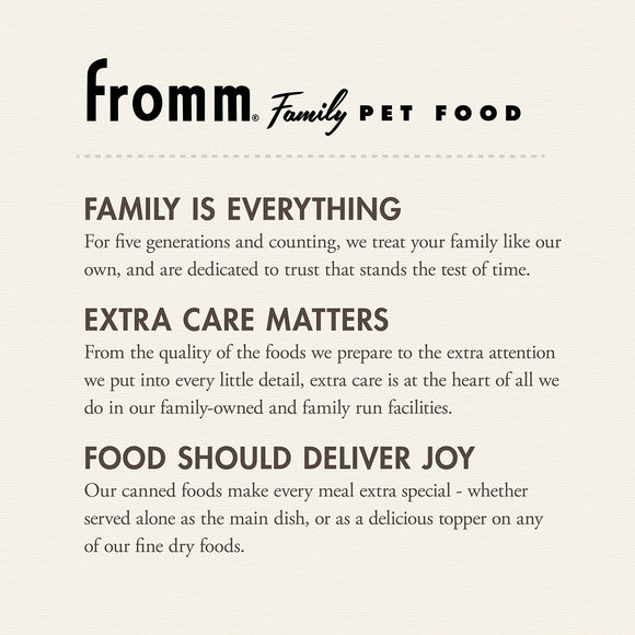Fromm Family Pet Food advertisement with brand name and mission statement on a beige background