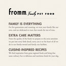 Fromm Family Pet Food advertisement with brand name and mission statement on a beige background