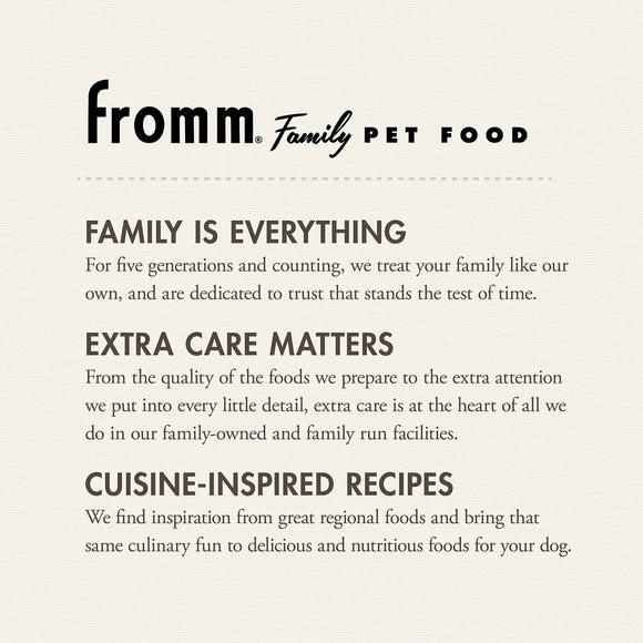 Fromm Family Pet Food advertisement with brand name and mission statement on a beige background