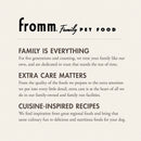 Fromm Family Pet Food advertisement with brand name and mission statement on a beige background