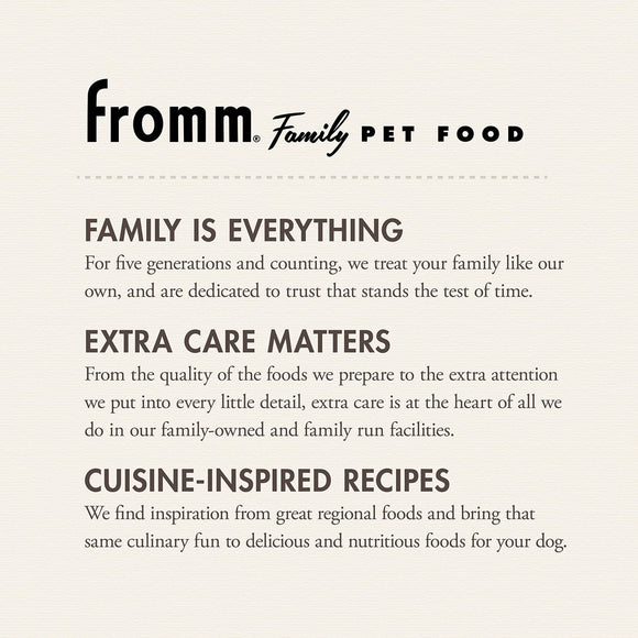 Fromm Family Pet Food advertisement with brand name and mission statement on a beige background
