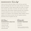 Product label with ingredients, guaranteed analysis, and caloric content details.