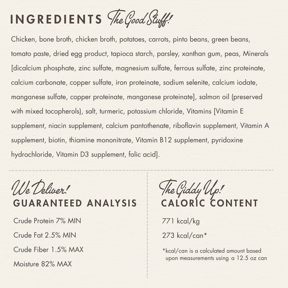 Product label with ingredients, guaranteed analysis, and caloric content details.