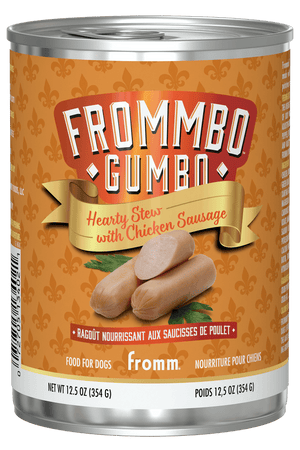 Can of Frommbo Gumbo Hearty Stew with Chicken Sausage for dogs on an orange background