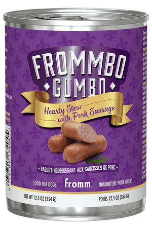 Can of Frommbo Gumbo Hearty Stews with Pork Sausage for dogs on a purple background