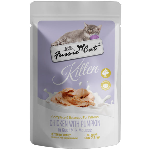 Fussie Cat Chicken with Pumpkin in Goat Milk Mousse Kitten Pouch, 1.5-oz case of 12 Cat Treats.