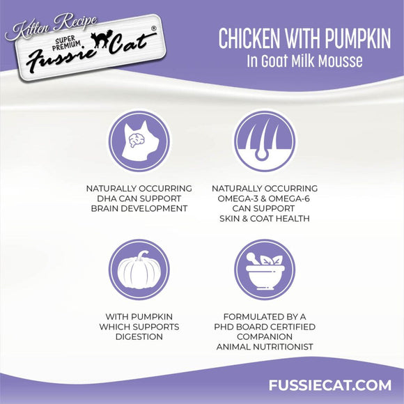 Fussie Cat Chicken with Pumpkin in Goat Milk Mousse Kitten Pouch, 1.5-oz case of 12 Cat Treats.