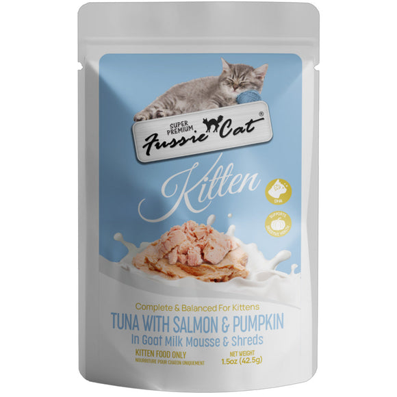 Fussie Cat Tuna with Salmon in Goat Milk Mousse Kitten Pouch 1.5-oz case of 12 - Cat Treats 1