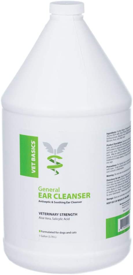 white gallon with label Vet Basics General Ear Cleanser for dogs & cats, Gallon