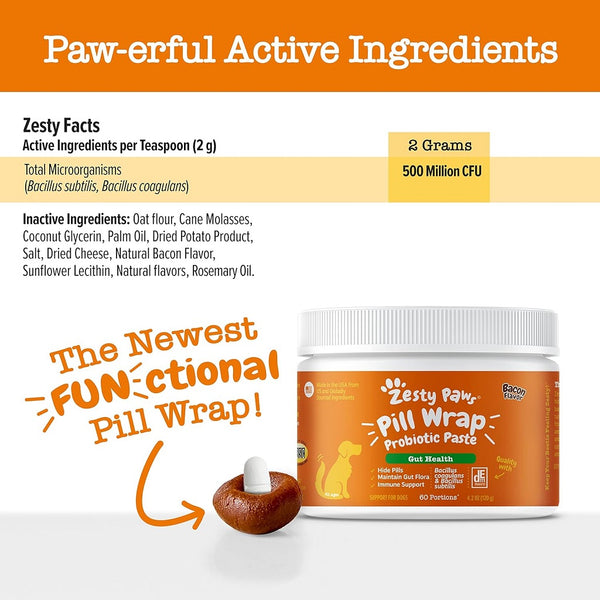 Zesty Paws Pill Wrap Probiotic Paste Bacon Flavor Immune & Digestive Support For Dog (4.2 oz)
