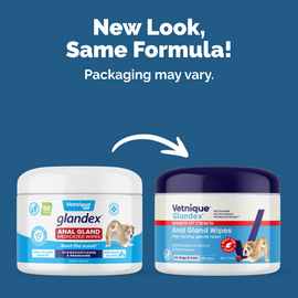 old vs new look of Glandex Advanced Vet Strength Anal Gland Health Wipes
