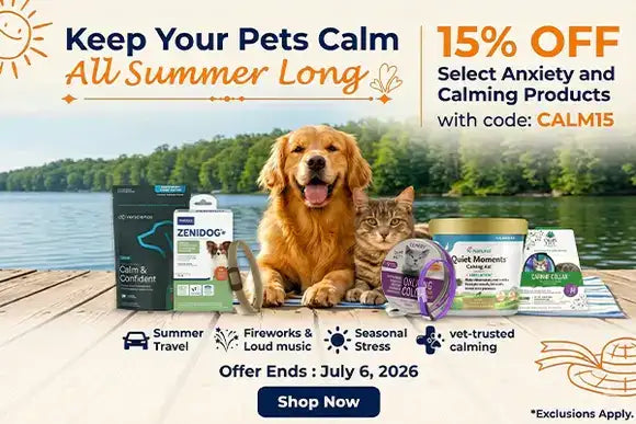 Golden retriever dog with a happy expression, sitting on a wooden dock beside various pet calming products.
