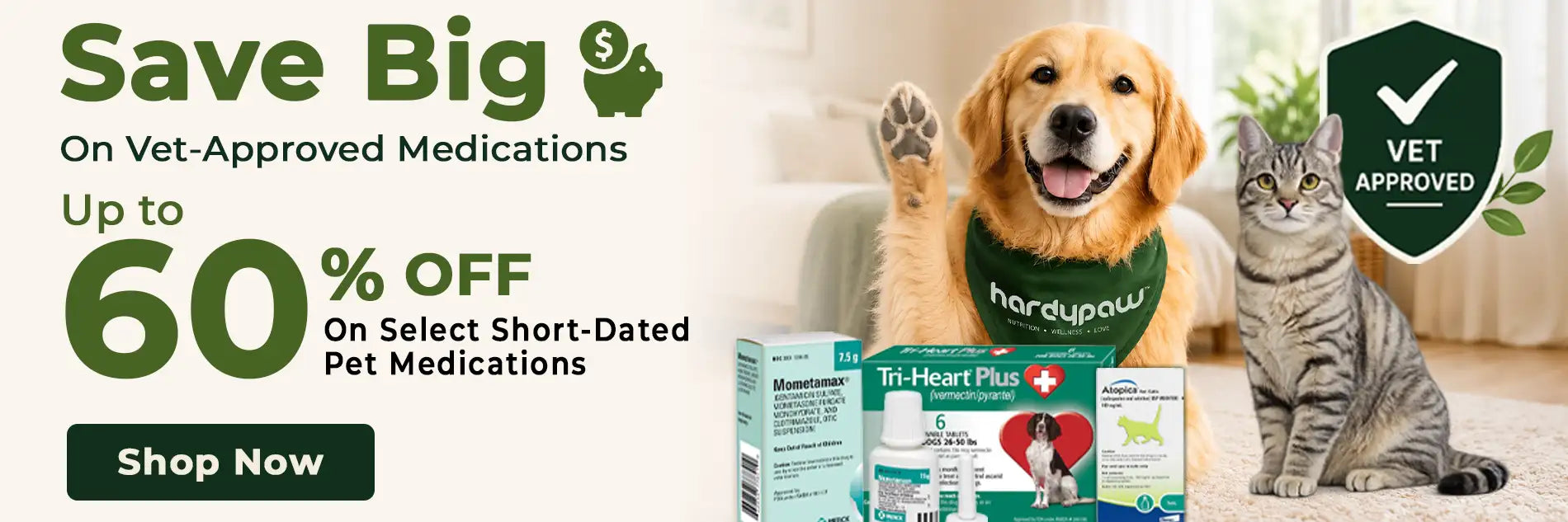 Golden retriever wearing a green “hardy paw” bandana.