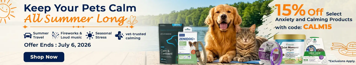 Golden retriever and tabby cat sitting together beside pet calming products.