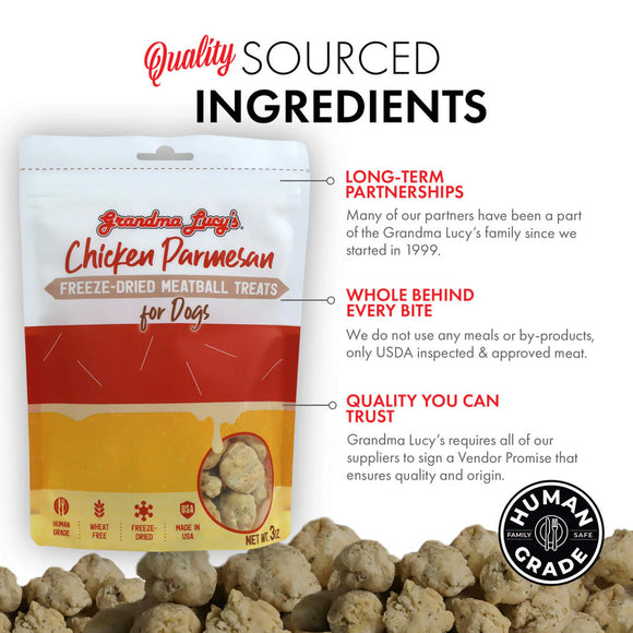 Grandma Lucy's Chicken Parmesan freeze-dried meatball treats packaging with quality sourcing information.